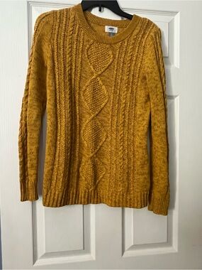 Ladies Mustard Cable Knit Sweater - Classic Crewneck